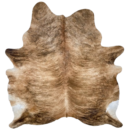 Large Tan and Brown Brazilian Brindle Cowhide: light tan with brown, brindle markings, and some black brindle markings on the butt and shanks - 7'9" x 6'8" (BRBR1482)