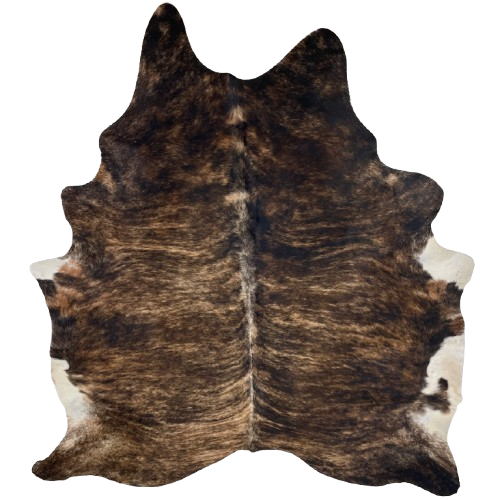 Black and Brown Brazilian Brindle Cowhide: black with brown, brindle markings, and off-white on part of the belly - 7'5" x 6' (BRBR1490)