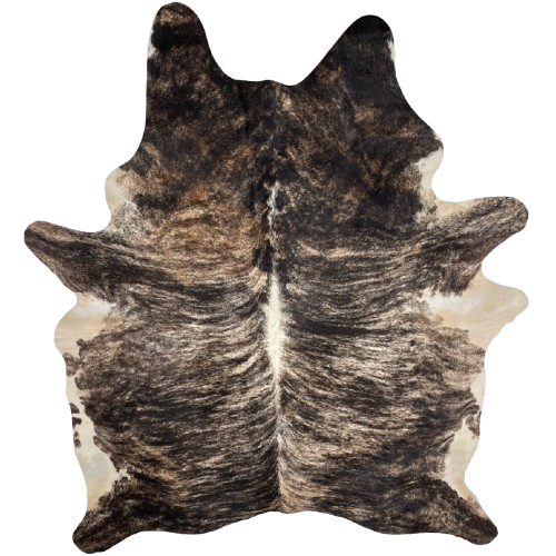 Off-White, Brown, Black Brazilian Brindle Cowhide: off-white and brown, with black, brindle markings - 7'4" x 5'7" (BRBR1492)