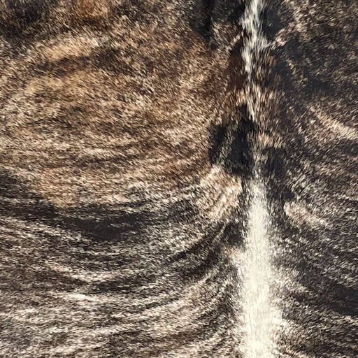 Closeup of this Brazilian Brindle Cowhide:, showing off-white and brown, with black, brindle markings  (BRBR1492)