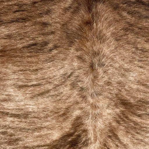 Closeup of this Brazilian Brindle Cowhide, showing tan and brown with a black and brown, brindle pattern (BRBR1516)