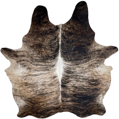 XXL Lt Tan, Brown, Black Brazilian Brindle Cowhide: light tan and brown, with black, brindle markings, and white down the spine, and one inconspicuous brand mark on the left side of the butt - 8'7" x x 6'10" (BRBR1530)
