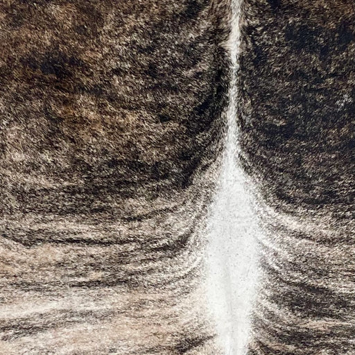 closeup of this XXL Brazilian Brindle Cowhide, showing light tan and brown, with black, brindle markings, and white down the spine (BRBR1530)