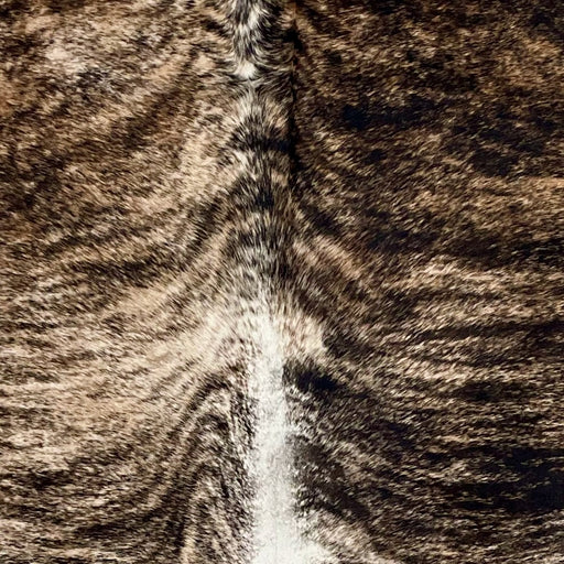 closeup of this Brazilian Brindle Cowhide, showing light tan and brown with black, brindle markings (BRBR1531)