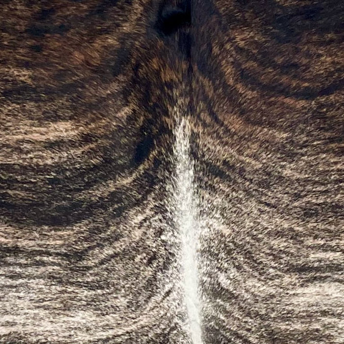  closeup of this XXL Brazilian Brindle Cowhide, showing off-white and brown with black, brindle markings (BRBR1532)