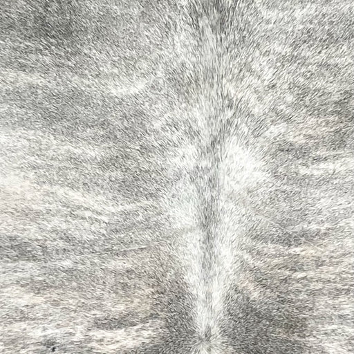 Closeup of this Brazilian Brindle Cowhide, showing white with gray, brindle markings, and two light brown spots (BRBR1538)