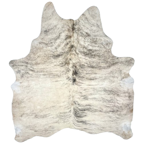 Ivory, Black, Gray Brazilian Brindle Cowhide: ivory with a black and gray, brindle pattern - 6'9" x 5'11" (BRBR1543)