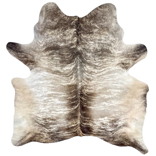 Brown and White Brazilian Brindle Cowhide: white with brown and taupe, brindle markings, and light beige on the belly and butt - 7'3" x 6'5" (BRBR1548)