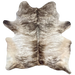 Brown and White Brazilian Brindle Cowhide: white with brown and taupe, brindle markings, and light beige on the belly and butt - 7'3" x 6'5" (BRBR1548)
