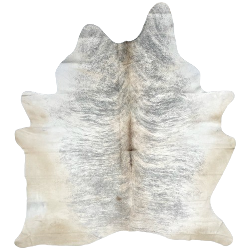 White and Gray Brazilian Brindle Cowhide: white with gray, brindle markings, light brown down part of the spine, and off-white on the belly, butt, and shanks - 7'1" x 5'10" (BRBR1549)