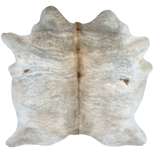 Brown, White, Gray Brazilian Brindle Cowhide: has a mix of white and light brown, with gray, brindle markings, two small, brown spots, and brown down the spine - 6'4" x 5'9" (BRBR1552)