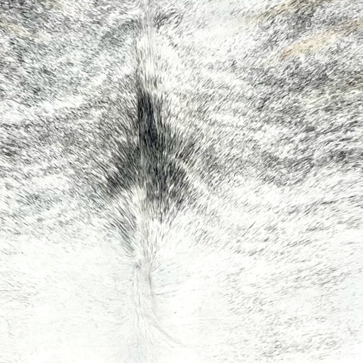 closeup of this Brazilian Brindle Cowhide, showing ivory with gray, brindle markings (BRBR1554)