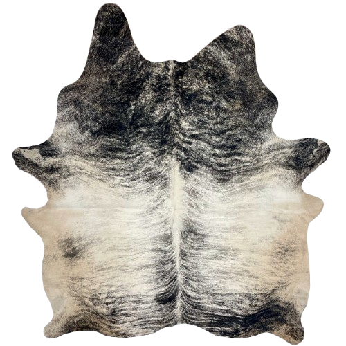 Ivory and Black Brazilian Brindle Cowhide: ivory with black, brindle markings, and tan on the belly - 7'4" x 6' (BRBR1555)