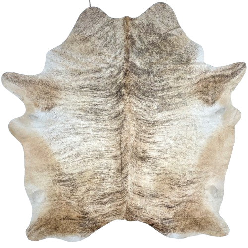 Off-White, Black, Lt Brown Brazilian Brindle Cowhide: off-white and light brown with a black and brown, brindle pattern - 7'1" x 5'11" (BRBR1556)