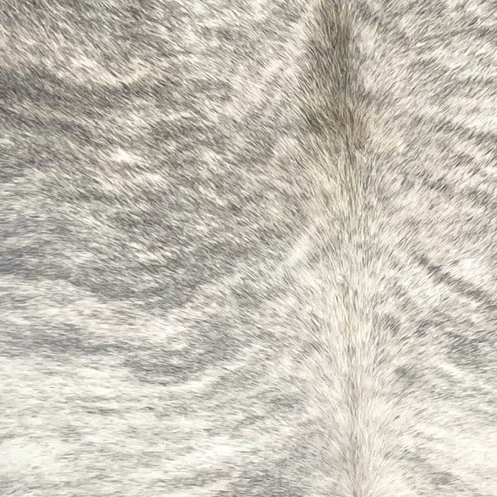 Closeup of this XL Brazilian Brindle Cowhide, showing ivory with gray, brindle markings (BRBR1579)