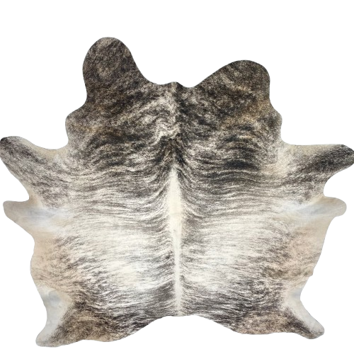 Large Ivory, Black, Gray Brazilian Brindle Cowhide:  ivory with black and gray, brindle markings, and a splash of light brown, with black, brindle markings, on the shoulder and butt - 7'7" x 6'7" (BRBR1587)