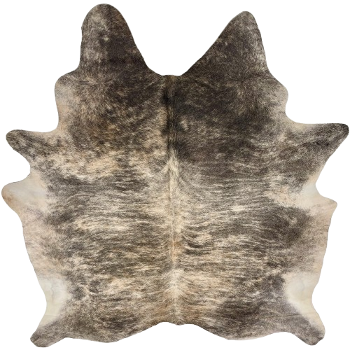 Black, Ivory, Lt Beige Brazilian Brindle Cowhide: ivory and light beige with black, brindle markings, and mostly black on the shoulder - 7'1" x 5'11" (BRBR1591)