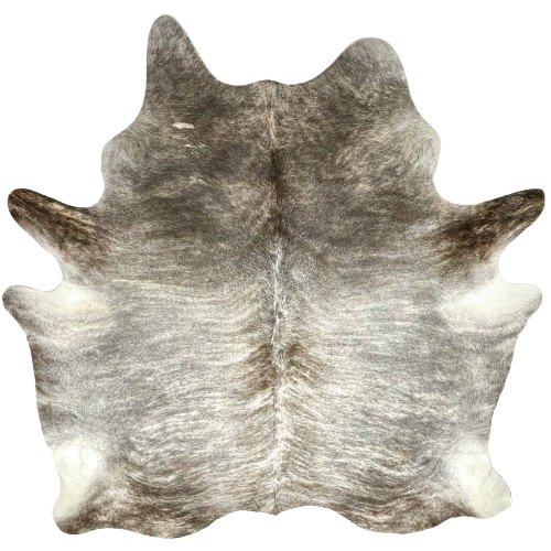 Large Gray, White, Brown Brazilian Brindle Cowhide: gray with white brindle markings, dark gray on the shoulder, and a splash of dark brown along the spine, and on the fore shanks and butt - 7'8" x 7' (BRBR1594)