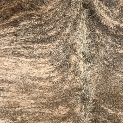 Closeup of this Large Brazilian Brindle Cowhide, showing brown with gray and black, brindle markings (BRBR1595)