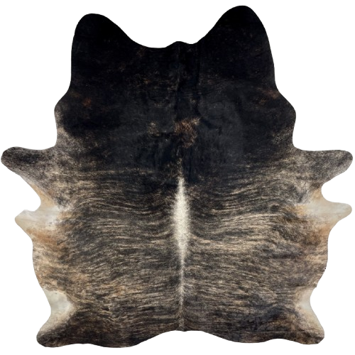 Large Black and Lt Brown Brazilian Brindle Cowhide: black with light brown, brindle markings, and white down part of the spine - 7'9" x 6'5" (BRBR1636)