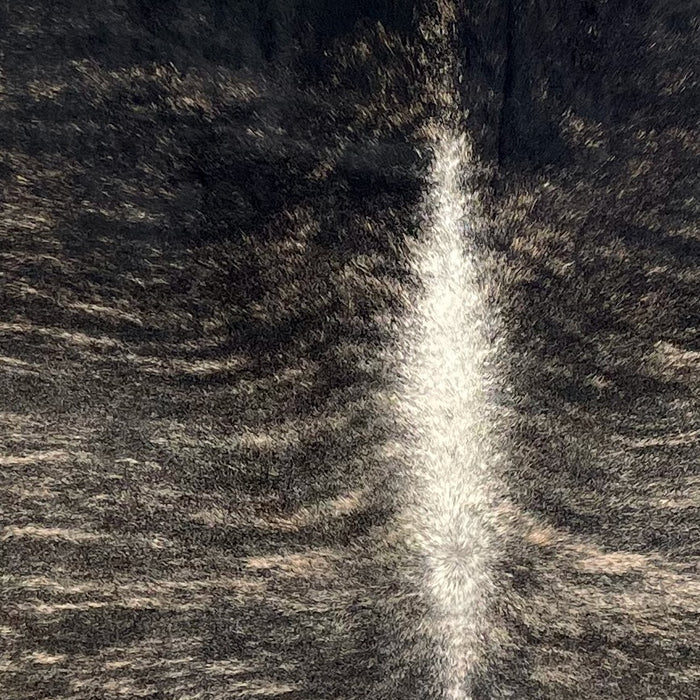 Closeup of this Brazilian Brindle Cowhide, showing black with light brown, brindle markings, and white down part of the spine (BRBR1636)