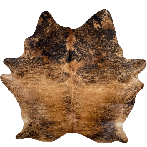 Large Reddish Brown and Black Spotted Brazilian Brindle Cowhide: reddish brown with black brindle markings, and it has black spots on the shoulder, shanks, and belly - 7'10" x 6'7" (BRBR1642)