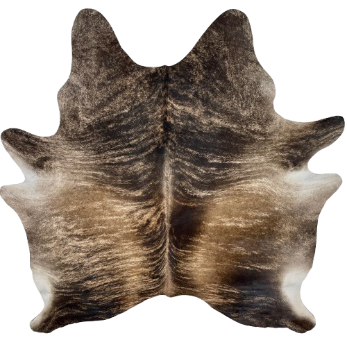 Ivory, Brown, Black Brazilian Brindle Cowhide: ivory with brown, dark brown, and black, brindle markings - 7'2" x 6'2" (BRBR1645)