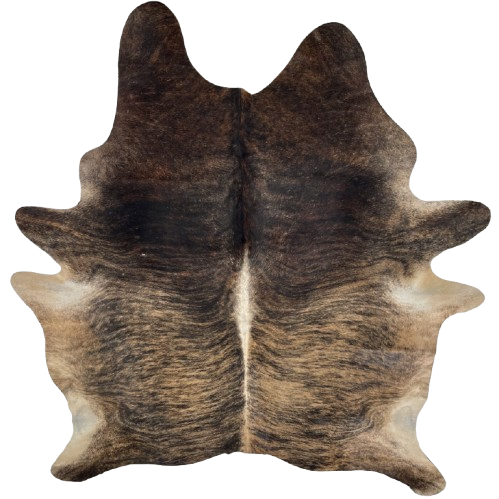 Tan, Brown, Black Brazilian Brindle Cowhide: tan and brown with black, brindle markings, and off-white down the spine - 7'2" x 6'2" (BRBR1650)