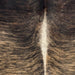 Closeup of this Brazilian Brindle Cowhide, showing tan and brown with black, brindle markings, and off-white down the spine  (BRBR1650)
