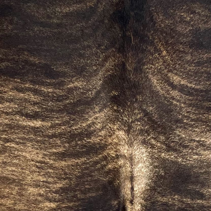 Closeup of this Large Brazilian Brindle Cowhide, showing light brown with dark brown, brindle markings (BRBR1654)