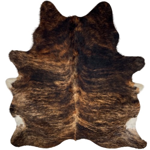 Black and Brown Brazilian Brindle Cowhide: has long hair that is black with brown, brindle markings - 7'5" x 6' (BRBR1656)