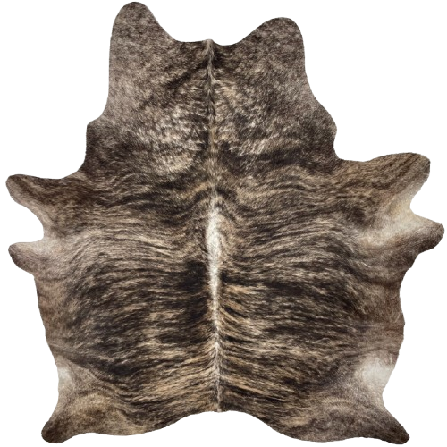Brown, Black, Tan Brazilian Brindle Cowhide: brown and tan with black, brindle markings, white down the spine, and a few small, white spots on the shoulder - 7'4" x 6' (BRBR1657)