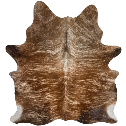 Brown and White Brazilian Brindle Cowhide: white with golden brown, dark brown, and medium brown, brindle markings- 7'1" x 5'6" (BRBR1666)