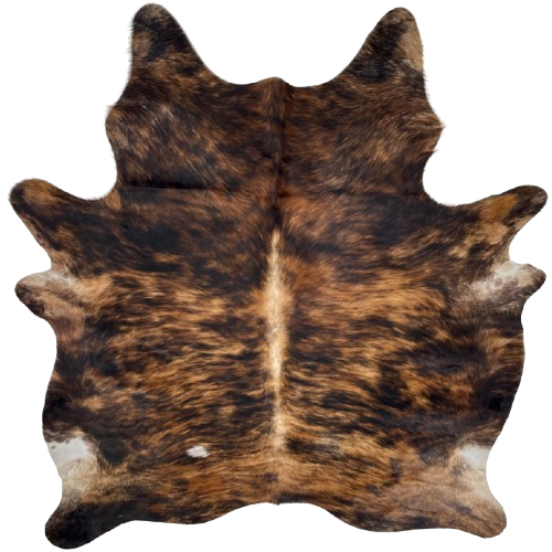 Brown and Black Brazilian Brindle Cowhide: brown with black, brindle markings, and white down part of the spine - 6'8" x 5'8" (BRBR1667)