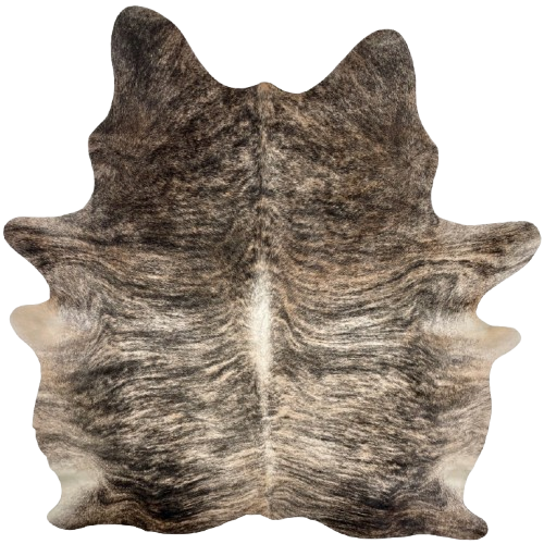 Ivory, Black, Lt Brown Brazilian Brindle Cowhide: ivory and light brown with black, brindle markings, and ivory down the spine - 6'11" x 5'8" (BRBR1672)