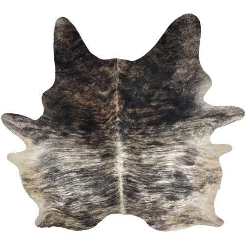 XXL Black and White Brazilian Brindle Cowhide: white with black, brindle markings, brown mixed in on the shoulder, and off-white on the belly, butt, and hind shanks - 8'6" x 6'9" (BRBR1674)
