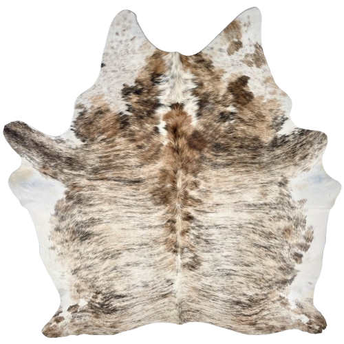 Ivory, Brown, Black Brazilian Brindle Cowhide: ivory and brown with black, brindle markings, and longer hair down the spine - 7'5" x 5'10" (BRBR1681)
