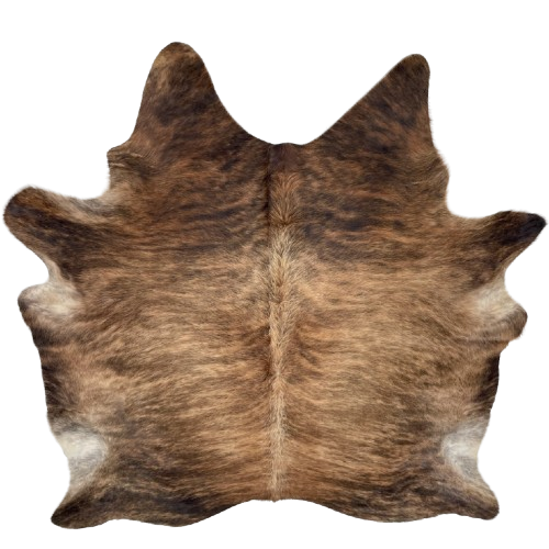 Tan, Brown, Black Brazilian Brindle Cowhide: tan and brown with black and brown, brindle markings, and long hair down the spine - 7'4" x 6'2" (BRBR1691)