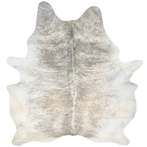Large White, Lt Beige, Gray Brazilian Brindle Cowhide: has a mix of white and light beige with gray, brindle markings, and off-white on the belly and hind shanks- 7'8" x 6'3" (BRBR1697)