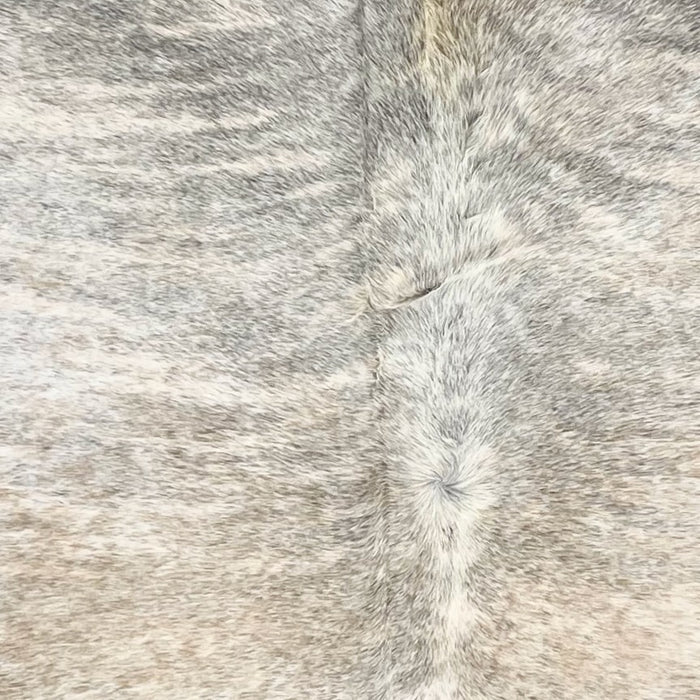 Closeup of this Large Brazilian Brindle Cowhide, showing a mix of white and light beige with gray, brindle markings  (BRBR1697)