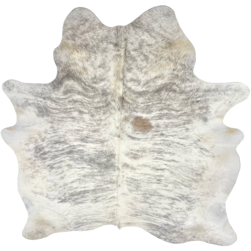 Ivory and Gray Brazilian Brindle Cowhide: ivory with gray, brindle markings, and one brown spot on the right side of the back - 6'9" x 5'9" (BRBR1698)