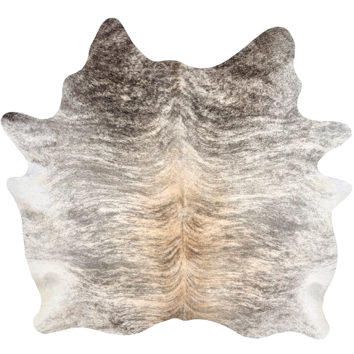 White, Lt Brown, Gray, Black Brazilian Brindle Cowhide: white and light brown with gray and black, brindle markings - 6'9" x 6'3"  (BRBR1772)