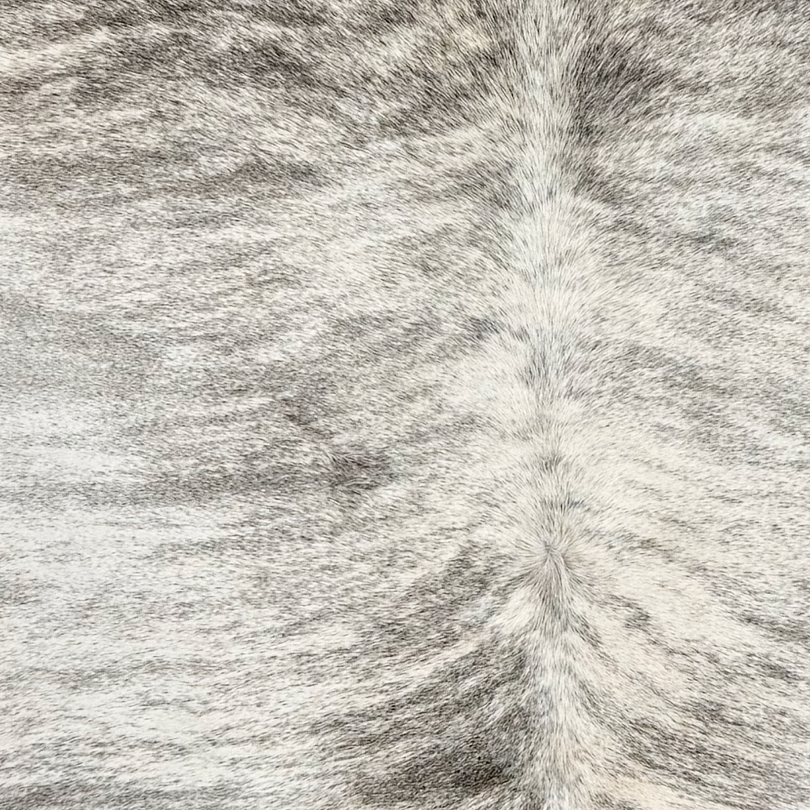 closeup of this Brazilian Brindle Cowhide, showing white with gray, brindle markings  (BRBR1774)