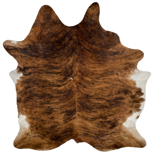 Brown and Black Brazilian Brindle Cowhide:  brown and black, with a small, white spot in the middle, and white on part of the belly - 7'3" x 5'8" (BRBR970)
