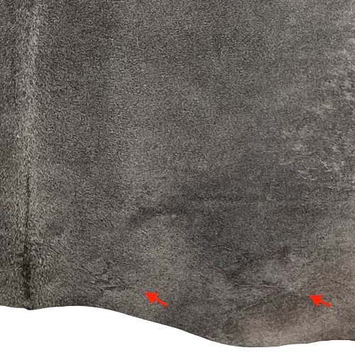 Large Dark Gray Brazilian Cowhide, showing  two brand marks along the lower edge, both on the right side (BRGR195)