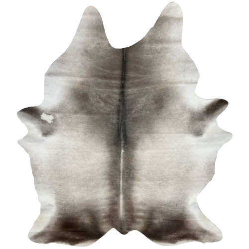 Large Two Tone Gray Brazilian Cowhide, 1 brand mark:  light gray on the back and belly, and dark gray in the middle of the shoulder, down the spine, on the butt and part of the shanks, and it has one brand mark on the right, hind shank - 7'8" x 5'11" (BRGR201)