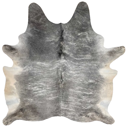 Gray and White Brazilian Brindle Cowhide:  gray, with white, brindle markings and it has darker gray on the shoulder, and cream, longer hair on the belly - 7'5" x 6'2" (BRGR231)
