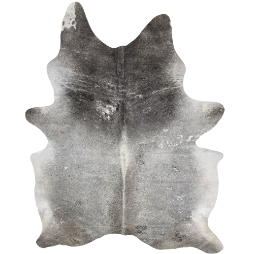 Large Gray Brazilian Cowhide: gray, with some small, white spots, white on the belly, and one brand mark on the right side of the back and two on the right side of the butt - 7'11" x 5'9" (BRGR287)