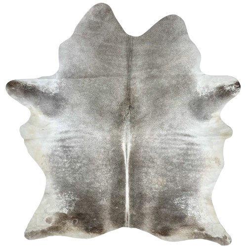 Gray Brazilian Cowhide: has a mix of light gray and medium gray, with white on the belly and down the spine, and one brand mark on the left side of the butt - 7'4" x 5'9" (BRGR292)