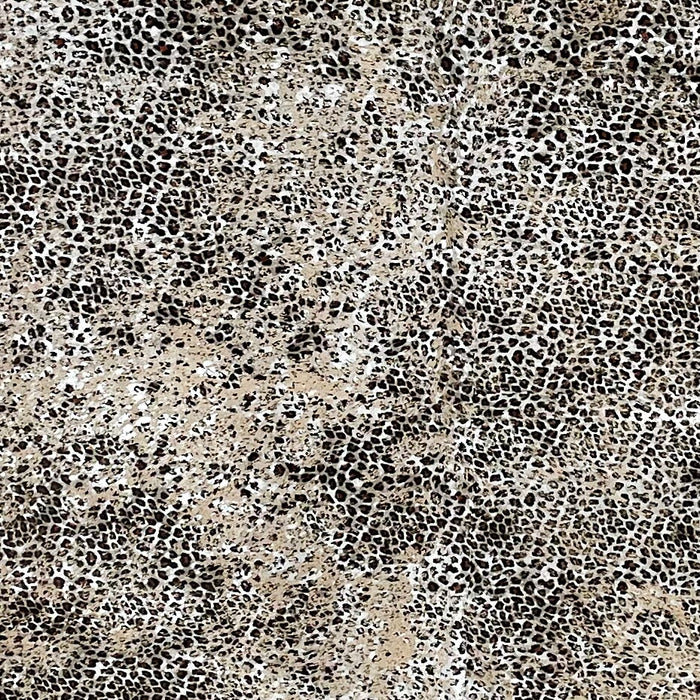 Closeup of this Large, Beige, Brazilian Cowhide, showing Distressed Leopard and Metallic, Silver Acid Washes (BRLPAW086)